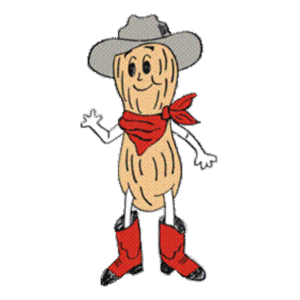 A peanut man wearing a cowboy hat, a red bandana around his neck and red boots. 